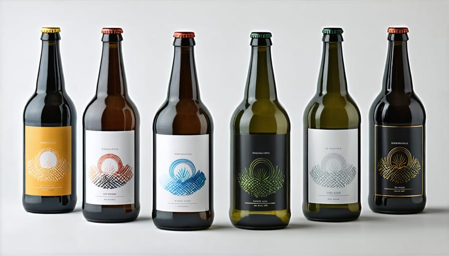 Carefully curated display of artisanal beverage packaging showing various design elements and branding approaches