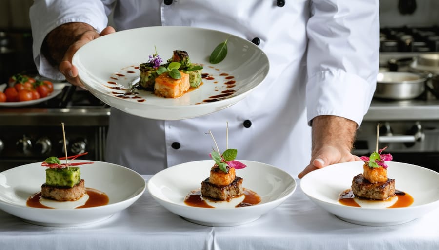 Chef carefully plating authentic cultural cuisine with contemporary presentation