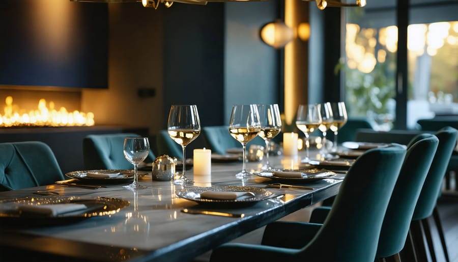 Intimate cannabis supper club dining room with elegant place settings