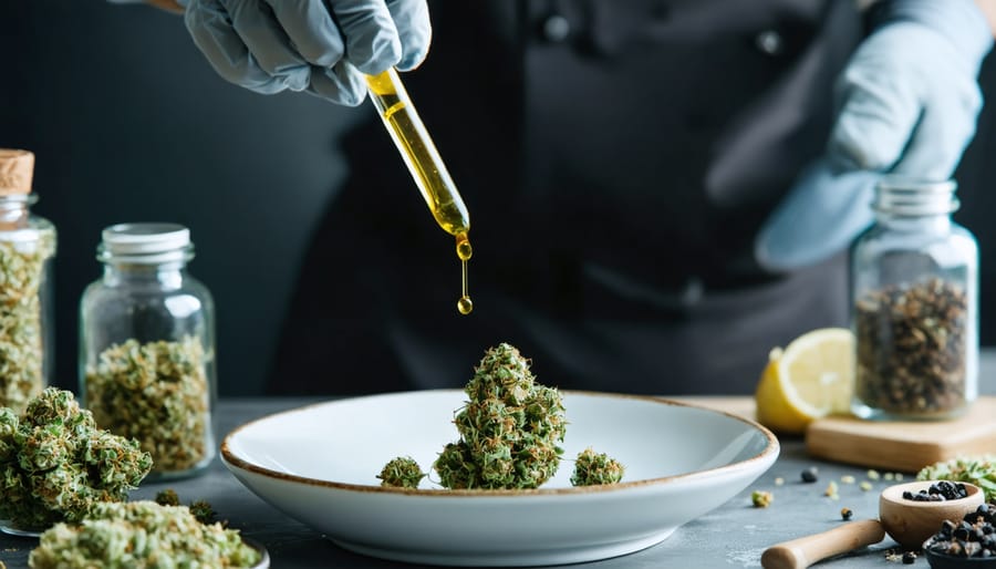 Chef measuring cannabis tincture for food preparation in upscale kitchen