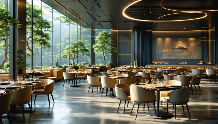 Elegant restaurant interior with traditional Asian and contemporary fusion design elements