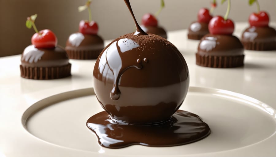 Chocolate sphere melting from warm sauce pour-over, revealing hidden dessert elements