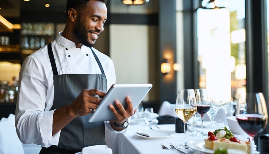 Restaurant host consulting digital guest profiles on tablet at reception desk
