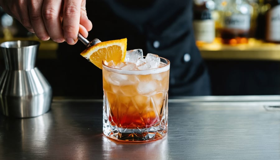 Professional bartender preparing an artisanal cocktail with Toronto's historic Distillery District in the background