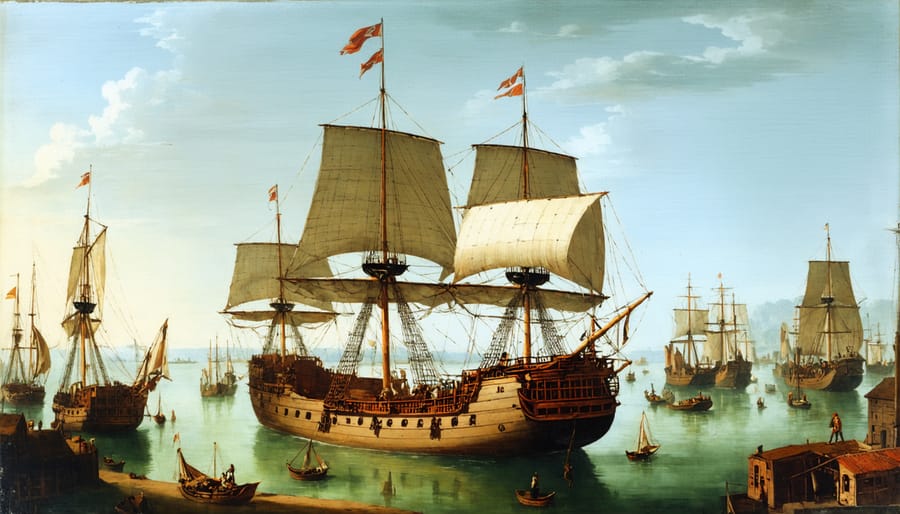 Historical painting depicting East India Company trading vessels docked at port with tea cargo being loaded