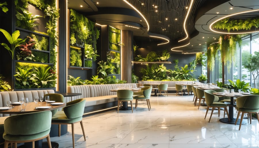 Upscale dining room with vertical garden, reclaimed wood furniture, and ambient lighting