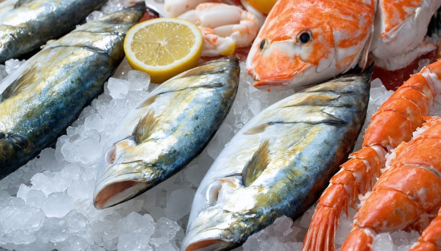 Vibrant display of fresh seafood arranged on crushed ice at a local fish market