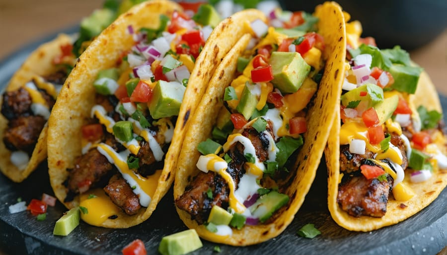 Artistically plated fusion street food tacos with colorful toppings