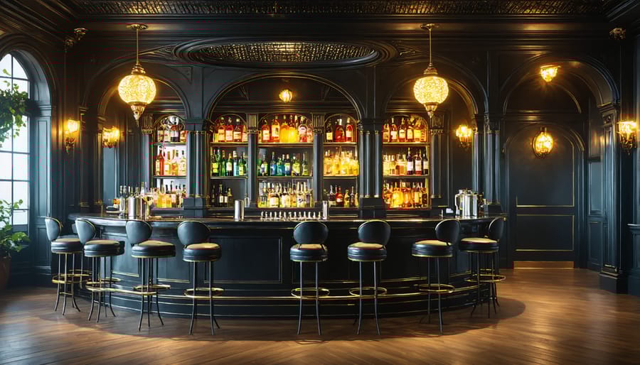 Luxurious hotel bar featuring vintage architectural elements, brass fixtures, and contemporary bar setup