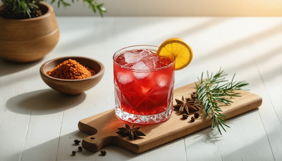 Elegant cocktail garnished with foraged botanicals in an upscale setting
