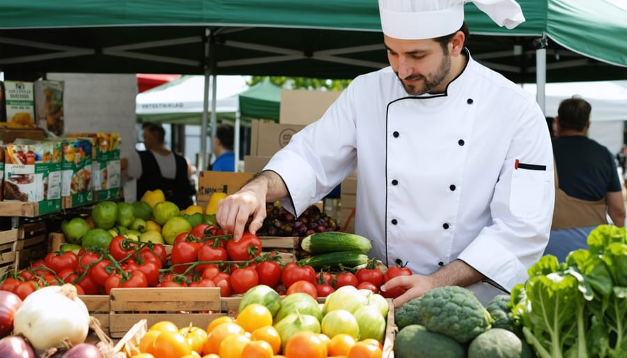 Executive chef examining seasonal vegetables with local farmer at market