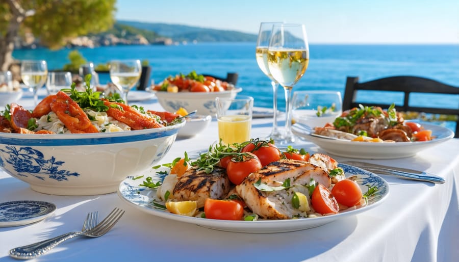 Seaside restaurant table set with grilled fish, mezze plates, and Mediterranean Sea in background