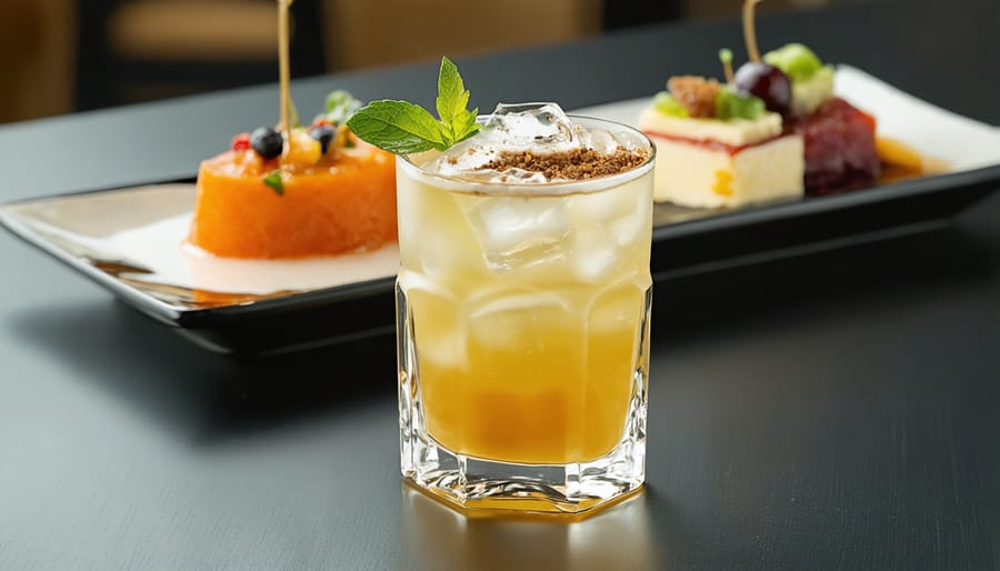 Sophisticated mocktail served alongside a beautifully plated contemporary Canadian dish