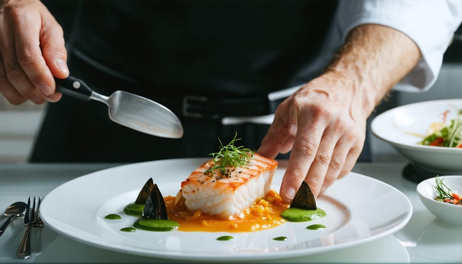 Professional chef plating contemporary seafood dish with artistic presentation