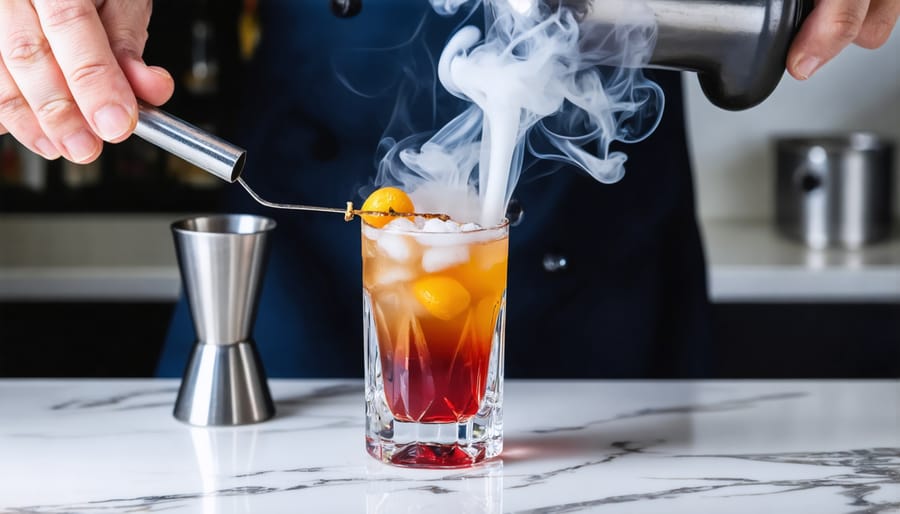Professional bartender creating an elaborate cocktail with dry ice and specialized equipment
