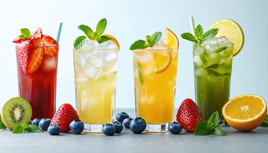 Artfully arranged display of cocktail ingredients including fresh citrus, herbs, spices, and craft mixers