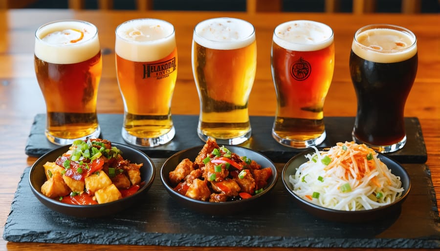 Selection of local craft beers alongside various street food dishes