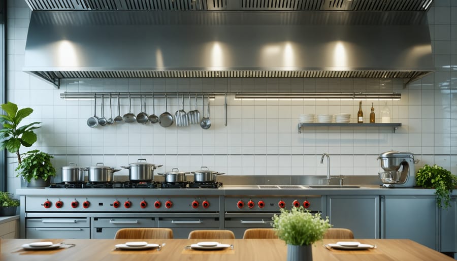 High-end restaurant kitchen with LED lighting, smart meters, and energy-efficient equipment