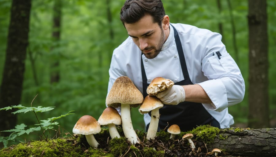 Chef carefully harvesting wild morel mushrooms in a forest setting