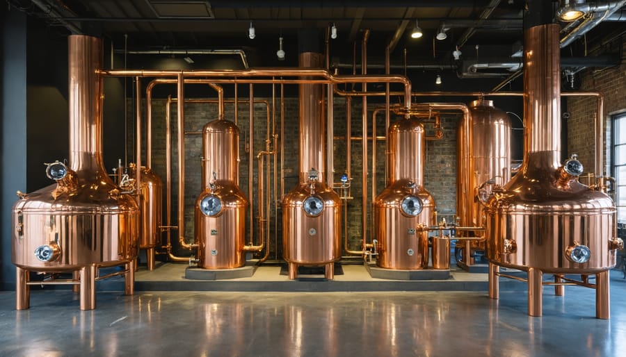 Craft distillery production floor with traditional copper stills and brand identity elements