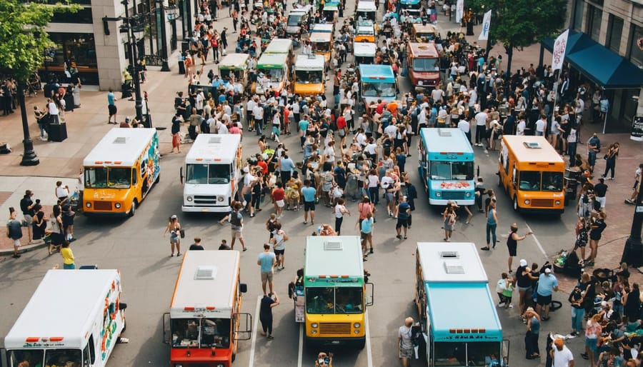 Bird's eye view of Toronto food trucks and festival-goers at an urban street food event
