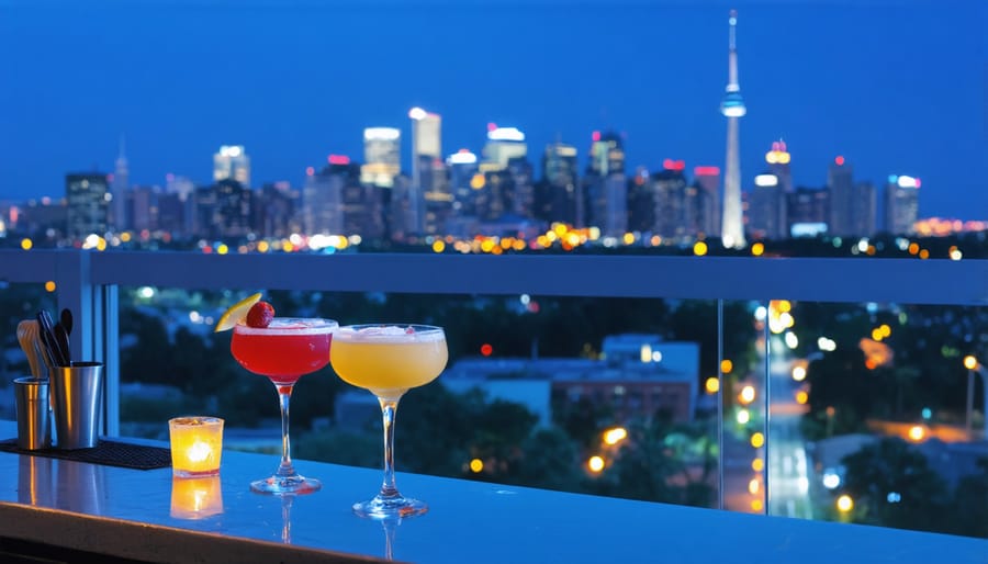 Illuminated Toronto skyline view with CN Tower visible, captured from luxury rooftop bar with crafted cocktails