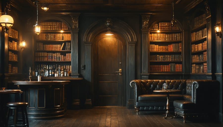 Elegant speakeasy interior featuring a secret bookshelf door, crystal decanters, and leather seating