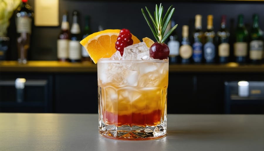 Professional mixologist preparing a colorful non-alcoholic cocktail with fresh herbs and citrus garnish