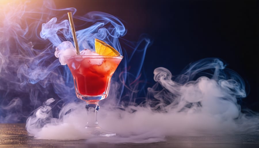 Mixologist presenting a smoking craft cocktail with dramatic lighting effects