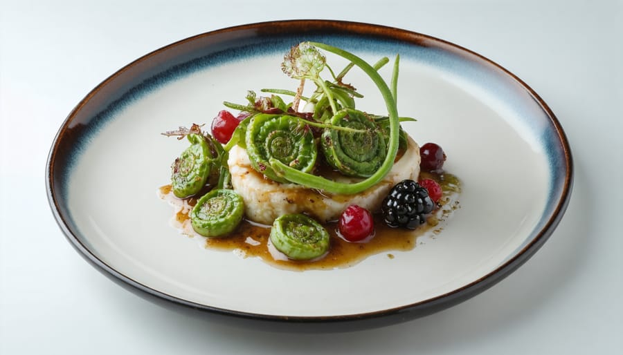 Modern fine dining plate showcasing foraged ingredients with artistic presentation