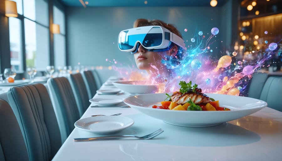 Person experiencing augmented reality effects while dining at an upscale restaurant