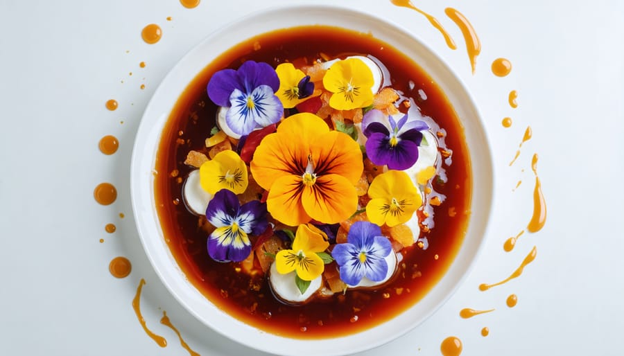 Artistic plating of a fine dining dish with colorful elements and precise presentation