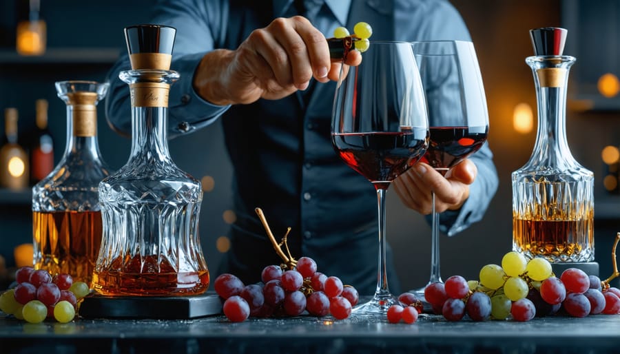 Professional sommelier demonstrating creative wine service with artistic presentation