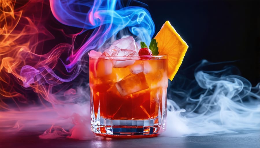 Smoking craft cocktail garnished with lychee and edible flowers in a modern setting