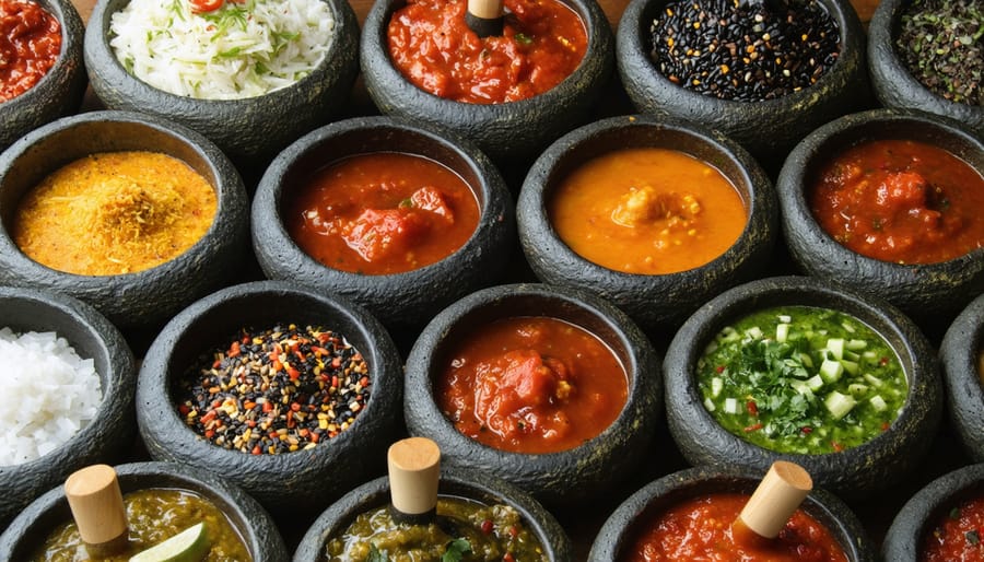 Colorful array of Mexican salsas, from red and green salsas to pico de gallo, served in stone bowls