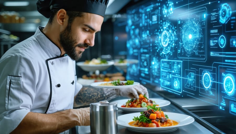 Professional chef collaborating with AI system in modern restaurant kitchen
