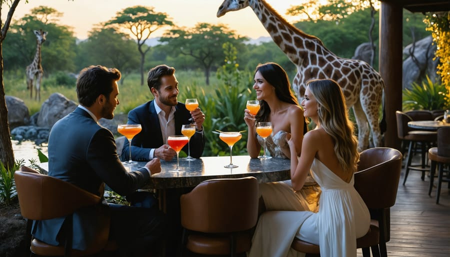 People in evening attire sipping cocktails near an illuminated giraffe enclosure during a nighttime zoo event