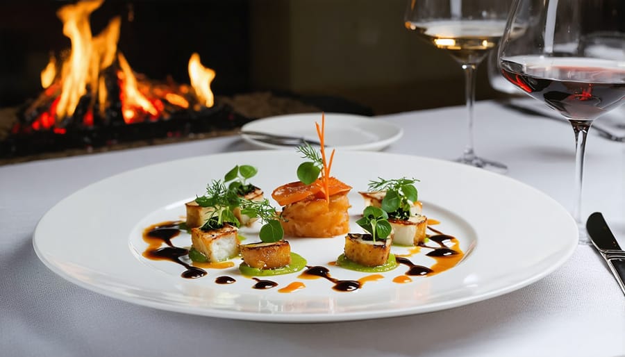 Elegant restaurant table setting featuring culturally-inspired dishes and traditional serving elements