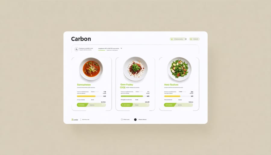 Restaurant tablet menu displaying dish ingredients with sustainability ratings and environmental impact data
