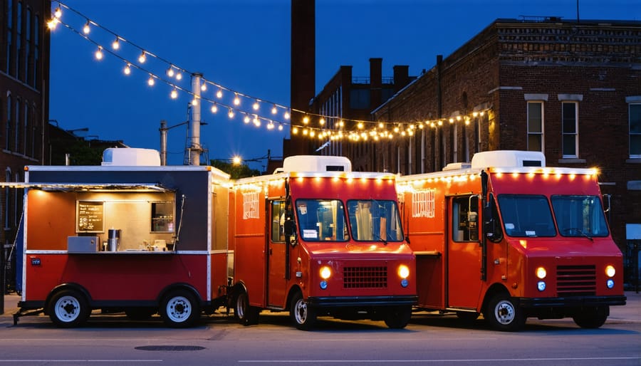 Evening scene of illuminated food trucks in Toronto's Distillery District