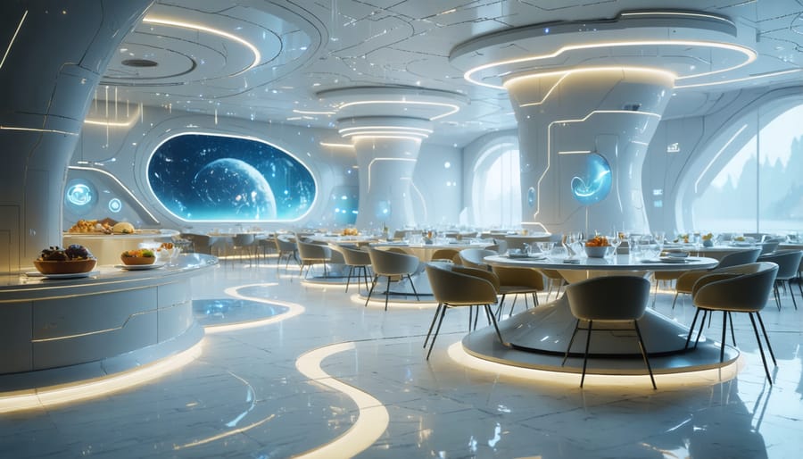 Modern restaurant dining room featuring AI-enhanced customer experience elements