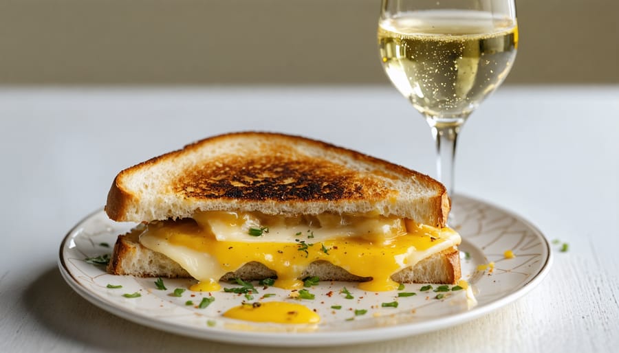 Artisanal grilled cheese with stretching cheese strings next to sparkling wine glass