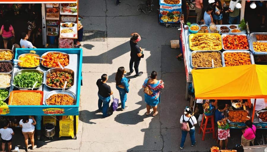 Bustling scene of Kensington Market's street food vendors serving empanadas and arepas to diverse crowd
