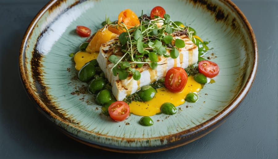 Artistically plated sustainable dish with locally sourced vegetables and edible flowers