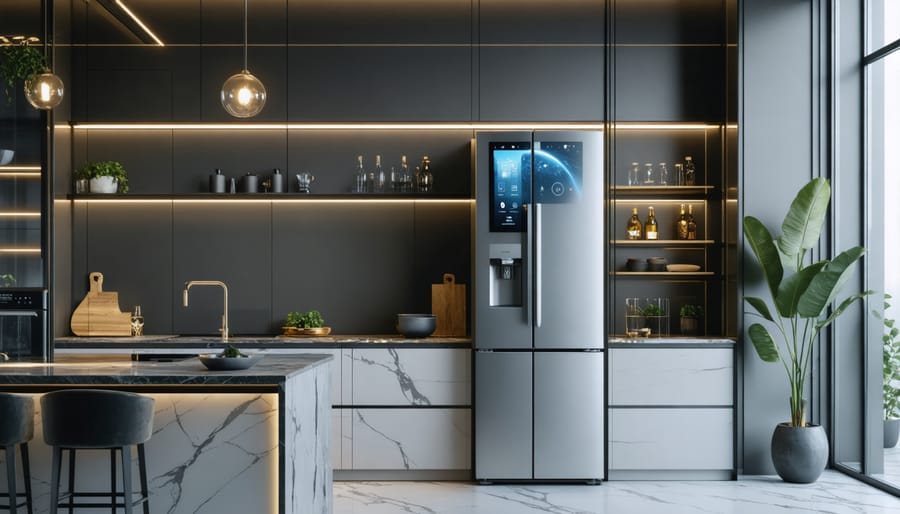 Premium smart refrigerator with digital display in a contemporary luxury kitchen