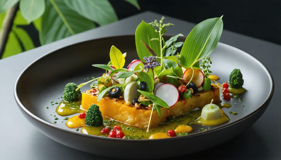 High-end vegan plate with Ontario vegetables and edible flowers in geometric arrangement