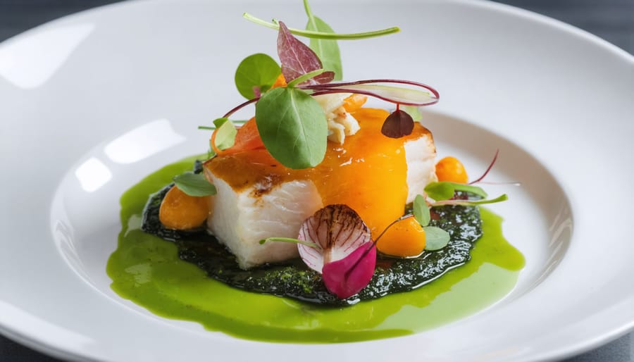 Contemporary chef creating an artistic plate featuring multicultural fusion elements