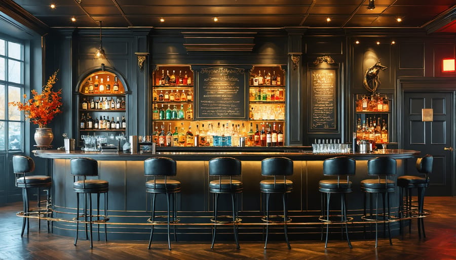 Interior of modern Toronto bar with prohibition-era inspired design and cocktail service