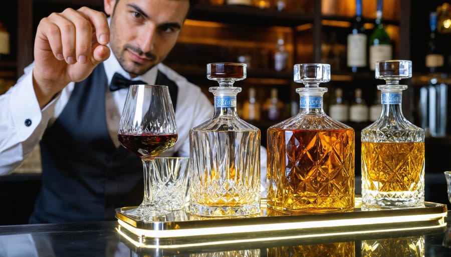 Sommelier showcasing premium aged spirits in elegant crystal decanters