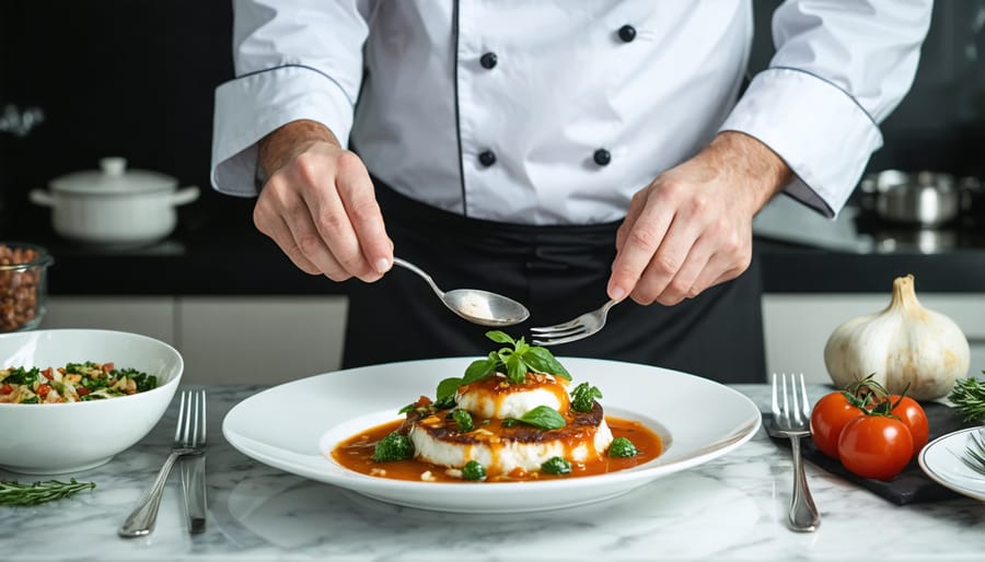 Private chef carefully arranging a gourmet dish with tweezers in an upscale home kitchen